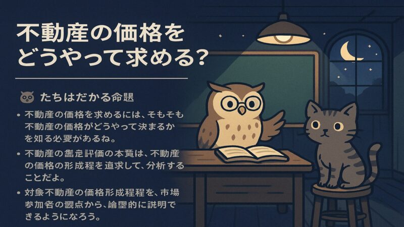 モーリーが黒板の前で「不動産の価格をどうやって求めるか」を説明し、ニャッタが聞いている