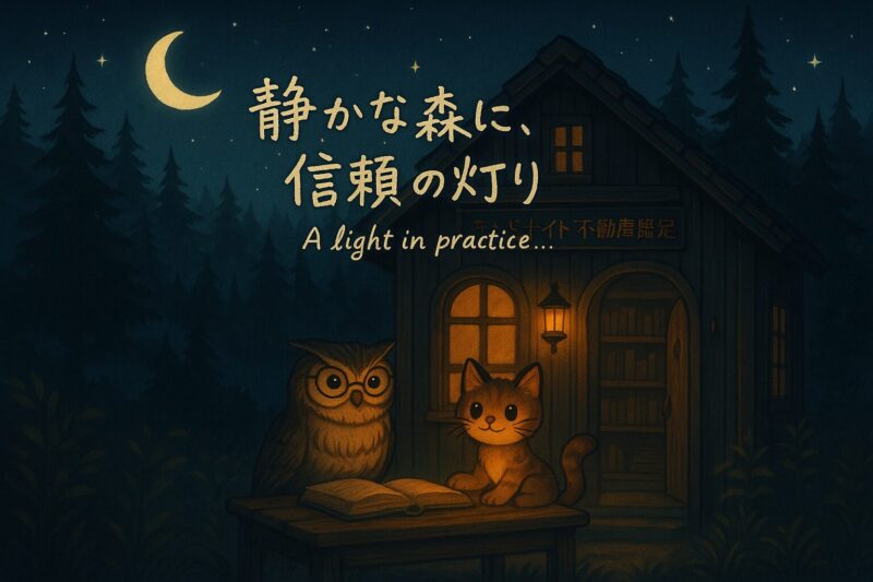 A quiet forest at night with a small light symbolizing trust, featuring an owl and a cat.
