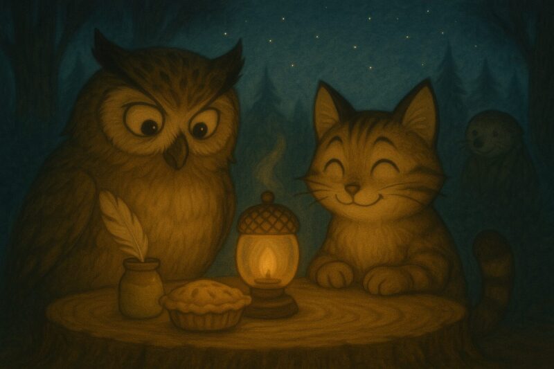 モーリーとニャッタが、夜の森でテーブルを囲んで笑い合っている。どんぐりのランタンが灯り、パイとコオロギプリンが置かれている。プリンには、モーリーの羽がそっと差し込まれている。背景にはアナグマが静かに見守っている。