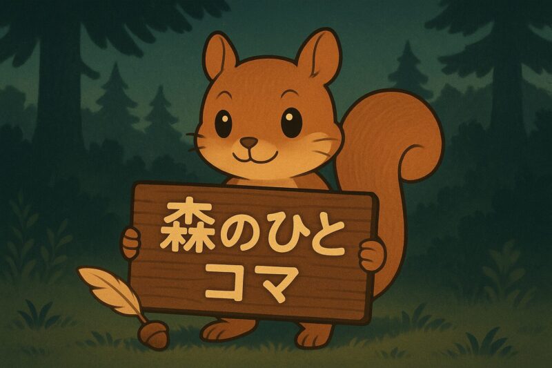 「森のひとコマ」と書かれた看板を掲げるリス（入口画像）