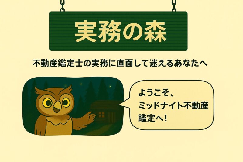 「ようこそ、ミッドナイト不動産鑑定へ！」と語るモーリー（実務の森入口画像）