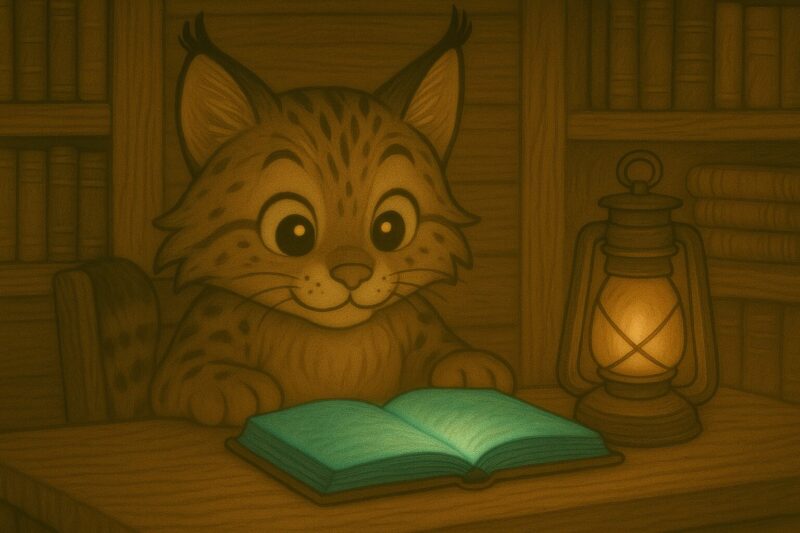夜の書斎でランプの灯りのもと、不思議な光を放つ謎のノートを見つめるニャッタの挿絵