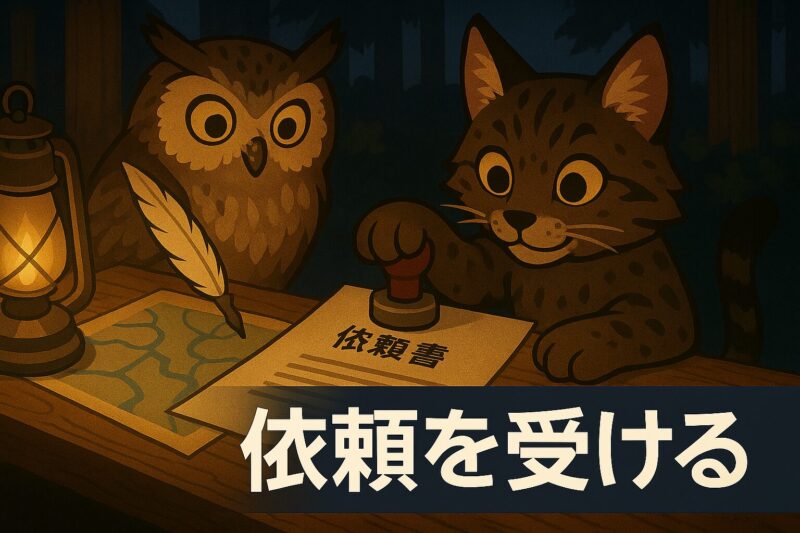 フクロウとヤマネコが依頼書に印を押している夜の森の場面。鑑定評価の始まりを描いたイラスト。