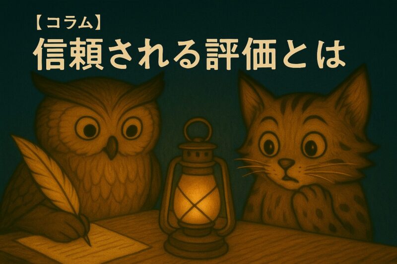 フクロウのモーリーが羽ペンで書き物をし、ヤマネコのニャッタが驚いた表情で見つめる。ランタンの光に照らされた夜の森の事務所の一場面。