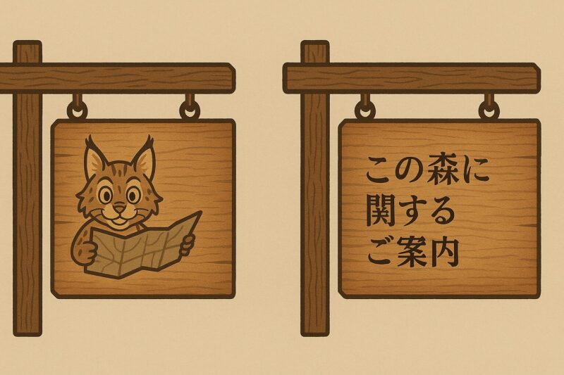 「この森に関するご案内」と書かれた木の看板。ミッドナイト不動産鑑定の世界における案内ページを示すサイン。