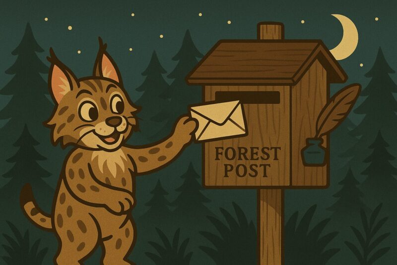ニャッタが夜の森のポストに手紙を投函する様子。羽ペンとインク壺のある、ミッドナイト不動産鑑定の連絡シーン。