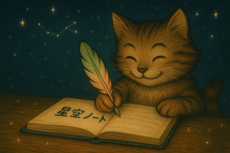 星空の下、羽ペンでノートに記録を残すニャッタ。鑑定評価の実務を見つめる静かな記録のひととき。