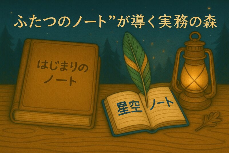 「はじまりのノート」と「星空ノート」が机の上に並び、羽ペンとランタンに照らされた静かな夜の森。記事タイトル「ふたつのノート”が導く実務の森」が上部に表示されている。
