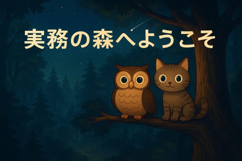 夜の森でフクロウとネコが並んで座る「実務の森へようこそ」バナー画像