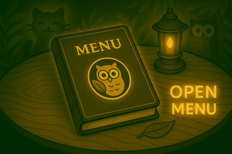 森のカフェのテーブルに置かれたメニュー帳。表紙にフクロウのマークがあり、横には「OPEN MENU」と光る文字が表示されている。