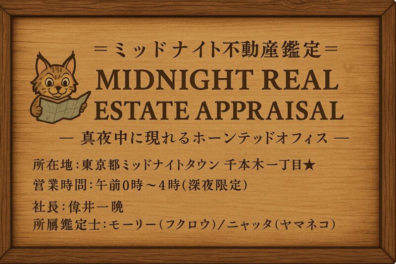 ミッドナイト不動産鑑定の木製看板。深夜にだけ現れるホーンテッドオフィスの情報が記された案内板。