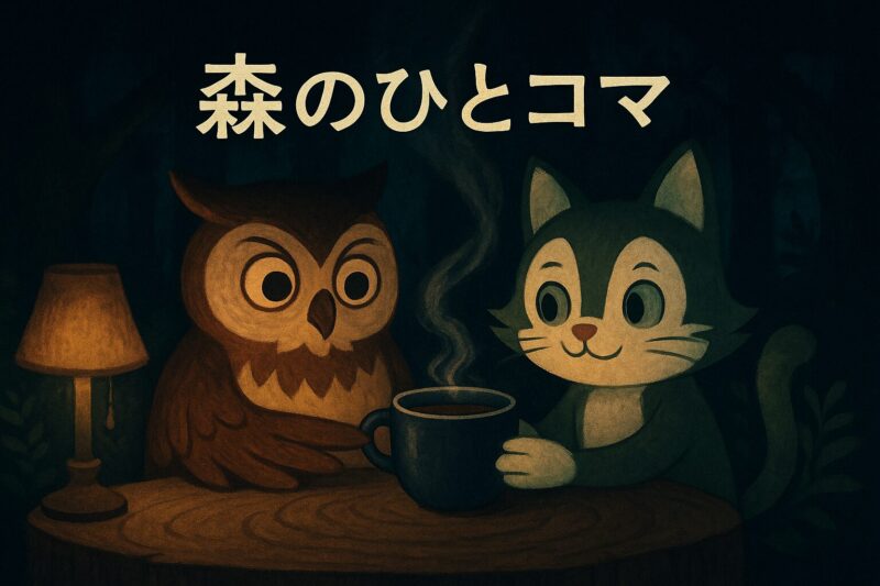 モーリーとニャッタがふくろう茶を囲む静かな夜の一場面