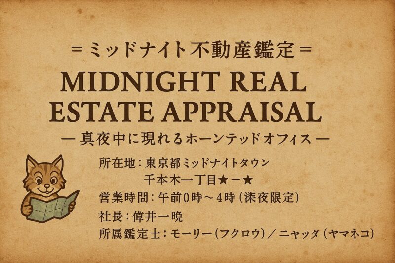 ミッドナイト不動産鑑定のナビゲーション画像。物語とともに実務を学ぶ導入ページをイメージした古書風デザイン。