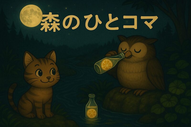 夜の森のなか、レモンサワーを飲むフクロウのモーリーと、それを見つめるヤマネコのニャッタが沢のほとりに並んでいる。背景には満月と「森のひとコマ」の文字が浮かぶ。