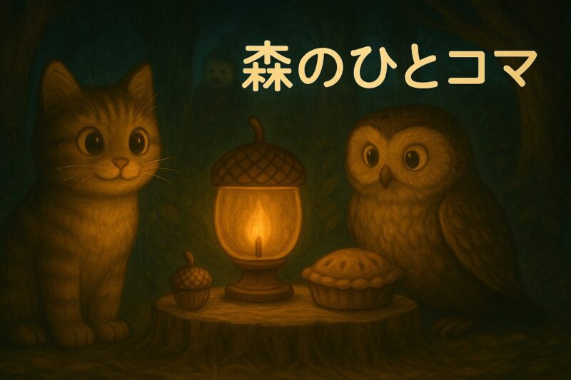 森の中のテーブルを囲むニャッタとモーリー。どんぐりランタンと野ネズミのパイが置かれたあたたかな夜の場面。