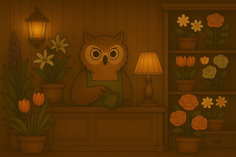 カウンターで花に水をやるフクロウの花屋店主と、色とりどりのお花の鉢植えが並ぶ店内のイラスト