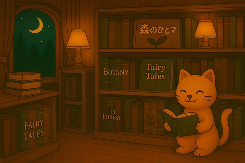 夜の森の本屋で本を読むヤマネコと、棚に並ぶ絵本や植物の本のイラスト