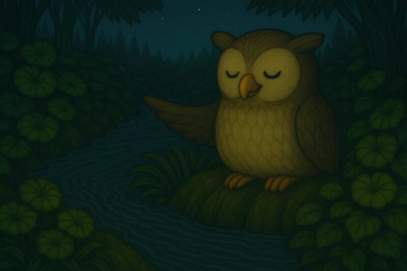 夜の森で、わさびの沢を静かに指し示すフクロウのモーリー