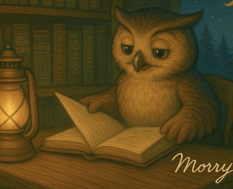 ミッドナイト不動産鑑定の書斎で、ランタンの灯りの下、ノートを読んでいるフクロウのモーリーの挿絵