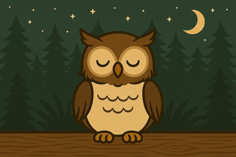 羽をふくらませて静かに待つフクロウのモーリー。深夜の森の静かなひととき。