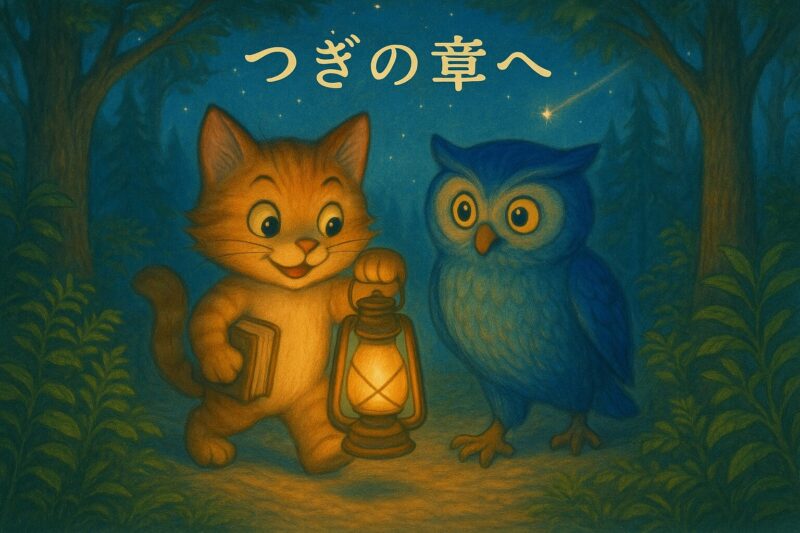 ランタンを手に森の奥へ進もうとするニャッタとモーリー。背景には流れ星が輝く夜空。