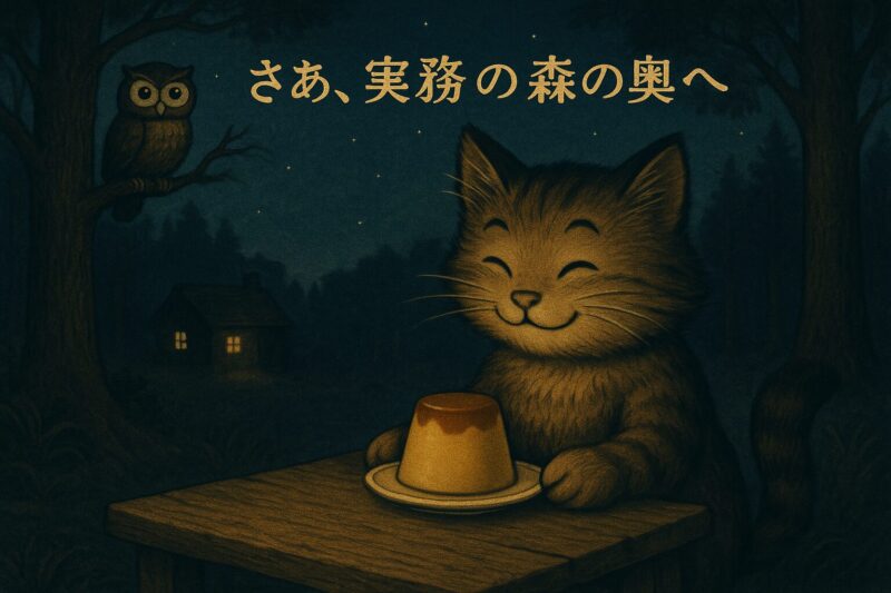 森の中の机でプリンを前に微笑むニャッタと、遠くから見守るモーリーの姿。不動産鑑定の物語が始まる前の静かな導入シーン。