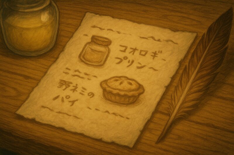 コオロギプリンと野ネズミのパイの手書きメモ。木の机の上に羽ペンとプリン瓶が添えられている。