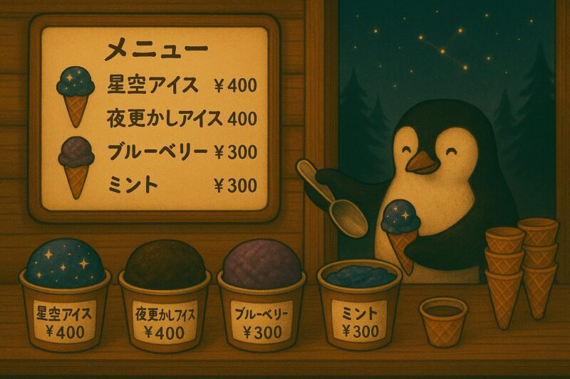 夜のアイス屋で、ペンギンが「星空アイス」を手渡している様子。メニューには4種類のフレーバーが並ぶ。