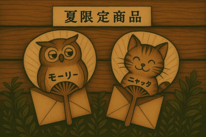 封筒に入った、モーリーとニャッタの顔が描かれたミニうちわ。木の板壁を背景に「夏限定商品」と書かれている。