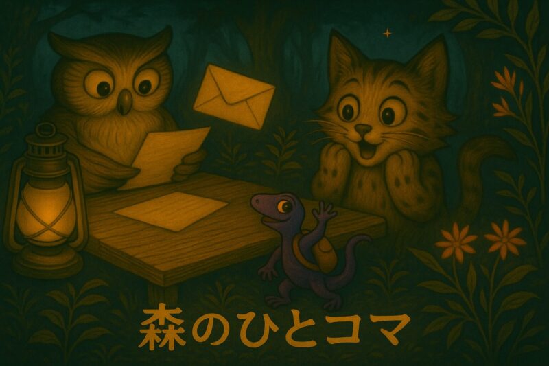夜の森で、フクロウとヤマネコが手紙を読み、紫のトカゲ・トッケーがそっと手紙を届ける場面