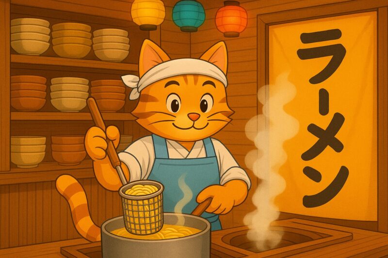 ラーメンを茹でるヤマネコの店主のイラスト。湯気が立ちのぼる店内。