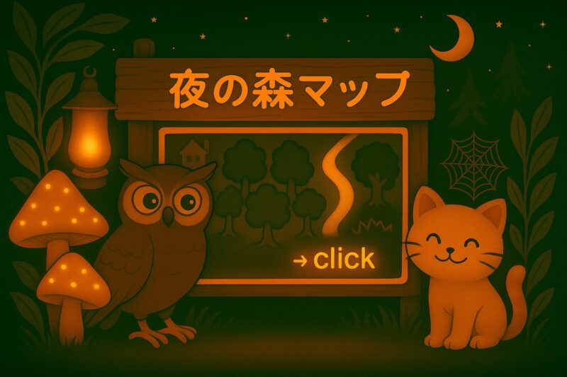 「夜の森マップ」の案内板と、フクロウのモーリーとネコのニャッタが立つスライド画像。森の入り口を示す看板には「click」の文字が光っている。