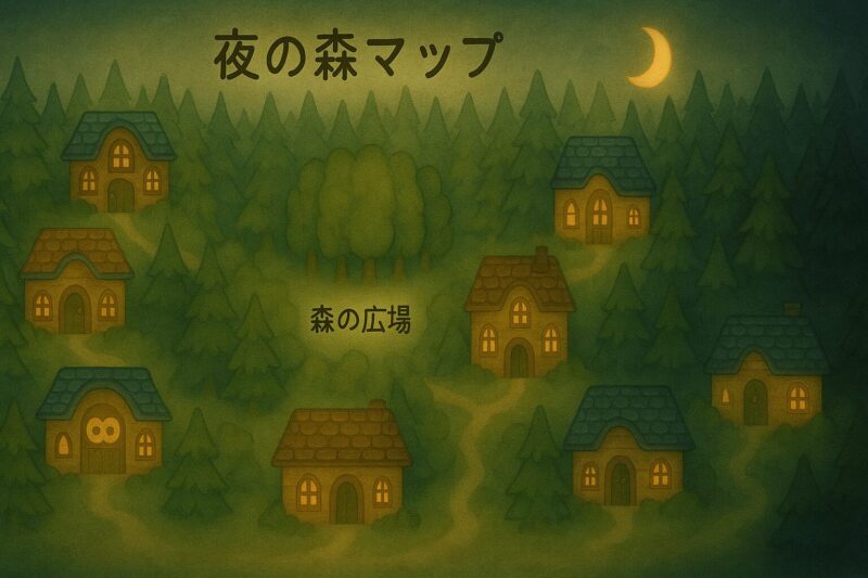 夜の森の地図。建物に灯りがともる幻想的な風景