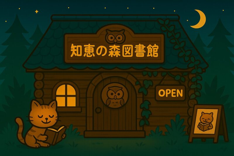 夜の森にたたずむ木造の図書館「知恵の森図書館」の外観。読書するヤマネコの姿も。