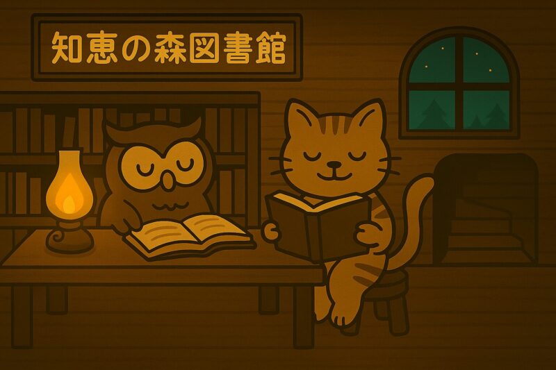 知恵の森図書館の館内で本を読むフクロウとヤマネコのイラスト