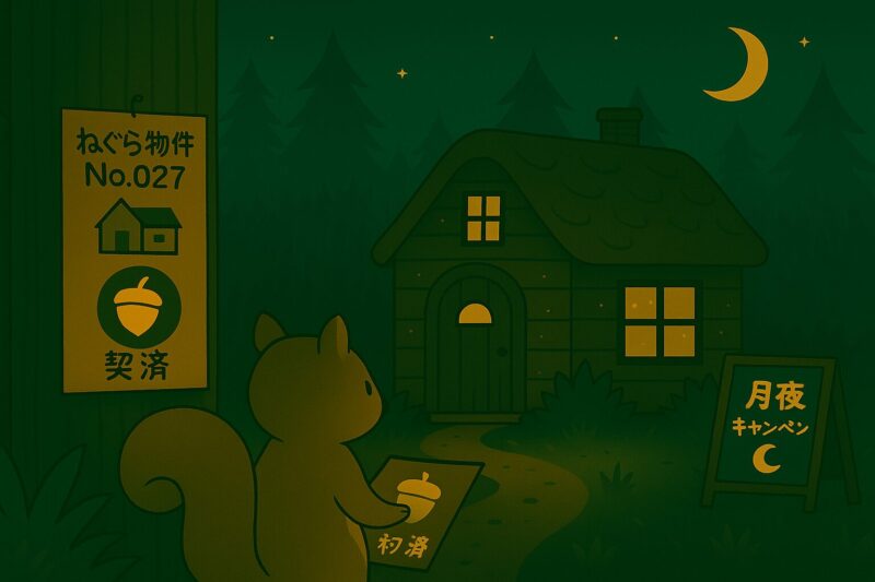 契約済みの森の家を見つめるリスのレコル。月夜の森にたたずむ静かな一瞬。