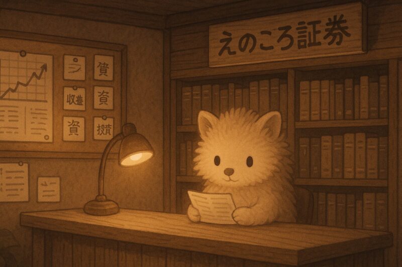 木のカウンターに座る、ふわふわの案内係がいるえのころ証券の店内。資料棚や手書きのチャートが見える。