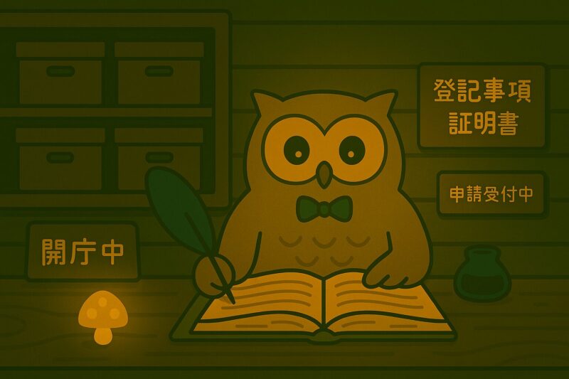 夜の森法務局のカウンターで羽ペンを持ち、登記帳に記録する蝶ネクタイ姿のフクロウ職員。