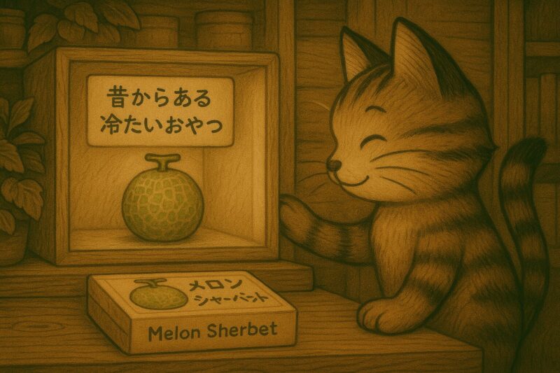 シャーベット売り場の棚を見てうれしそうにするニャッタの姿。