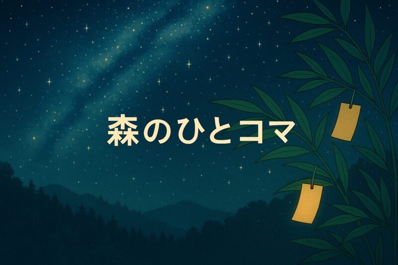 七夕の夜空と笹の葉、短冊が揺れる静かな森の風景