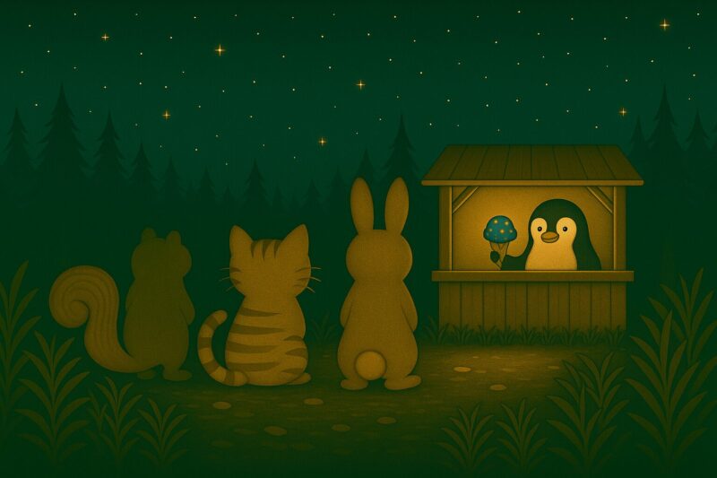 星空の森で、ペンギンが営む屋台に動物たち（リス・ネコ・ウサギ）が並んでいるイラスト。屋台には星のように輝く青いアイスが並び、夜の静けさとぬくもりがただよう。