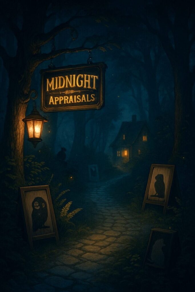 ランタンに照らされた「MIDNIGHT APPRAISALS」の看板と、夜の森に続く小道