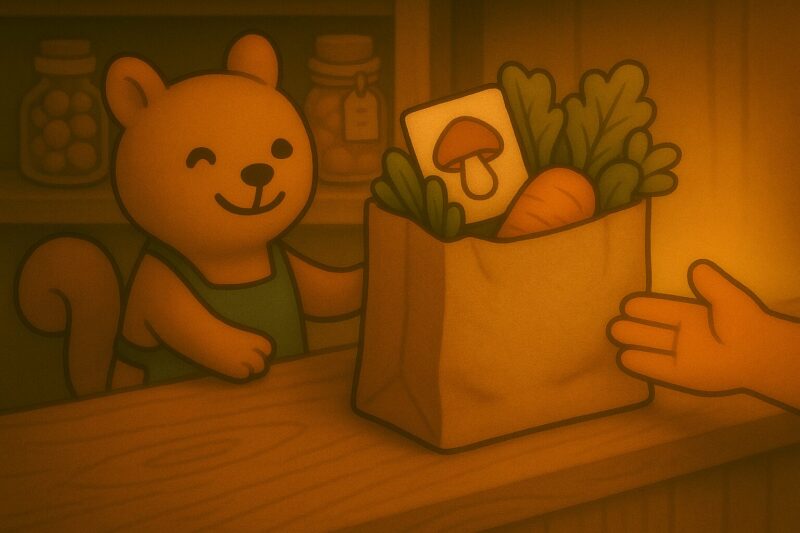 木の実マートの店主リスが、野菜やカードの入った買い物袋を客に手渡している