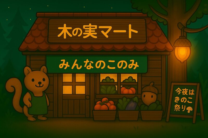 木の実マートの外観。看板に“みんなのこのみ”、店頭には野菜や木の実、リスの店主が立っている。