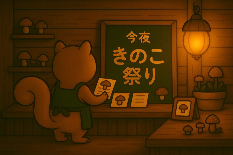 木の実マートの店内で、リスの店主が“今夜 きのこ祭り”と書かれた看板を準備している様子。レシピカードやきのこの装飾も見える
