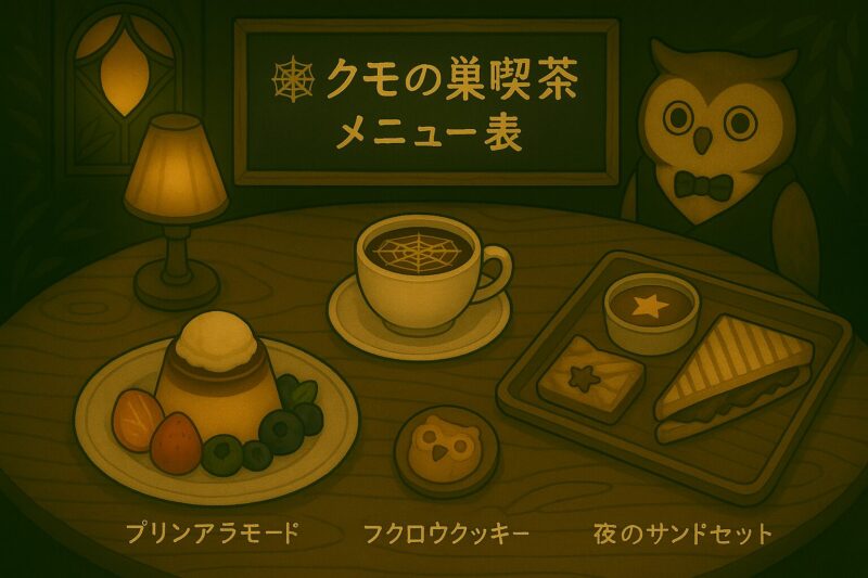 クモの巣喫茶のメニューが並ぶテーブル。プリンアラモード、フクロウクッキー、夜のサンドセット、クモの巣ブレンドが俯瞰構図で描かれている。