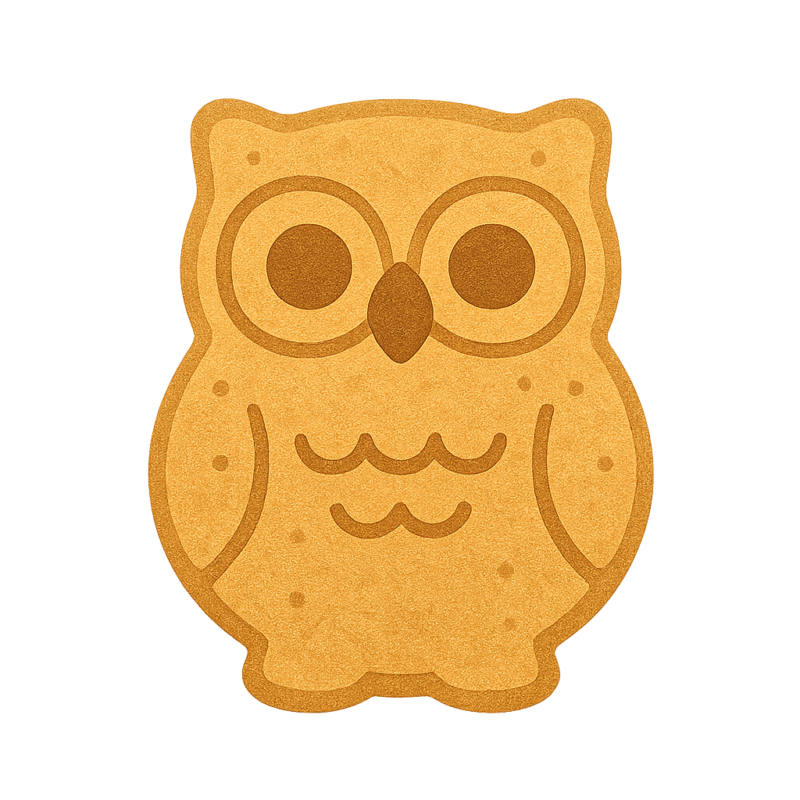 フクロウの形をしたクッキー。まるい目とくちばしの模様があり、全体がバター色で香ばしい