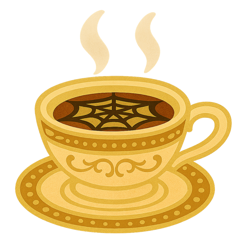 ラテアートにクモの巣模様が描かれたホットコーヒー