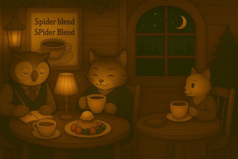 クモの巣喫茶の店内で、フクロウとヤマネコが静かな夜を過ごしている様子。