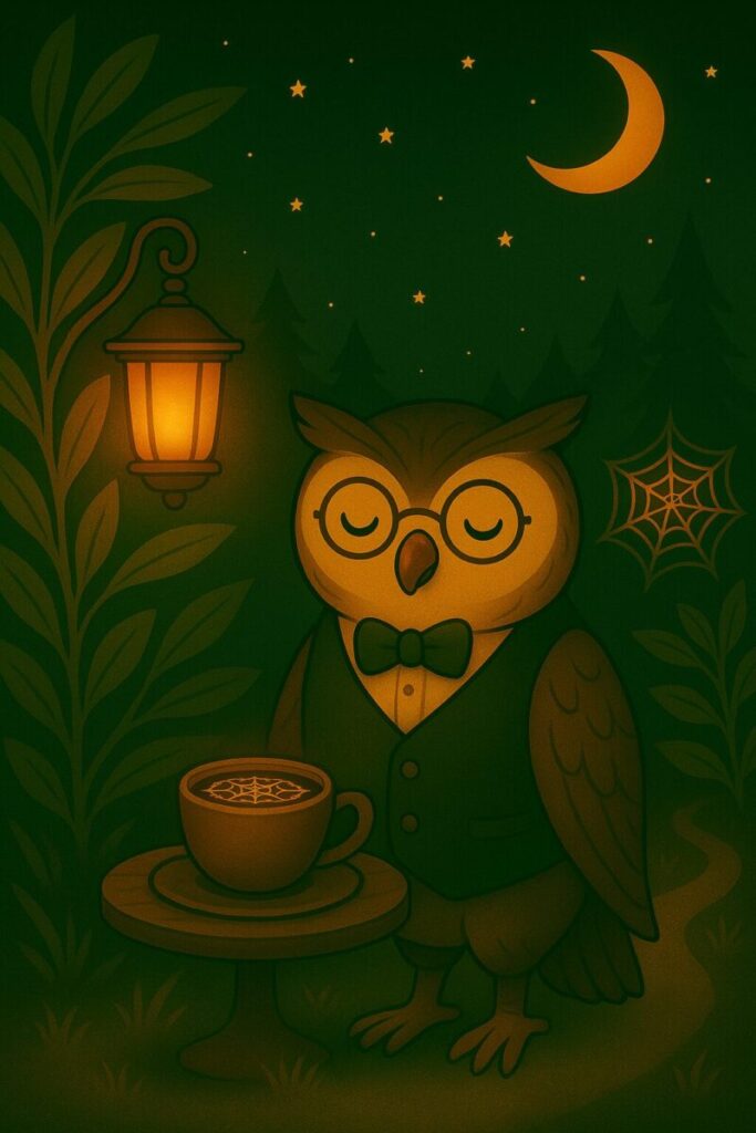 クモの巣喫茶のフクロウマスターが、クモの巣ブレンドとともに静かに佇んでいる様子。